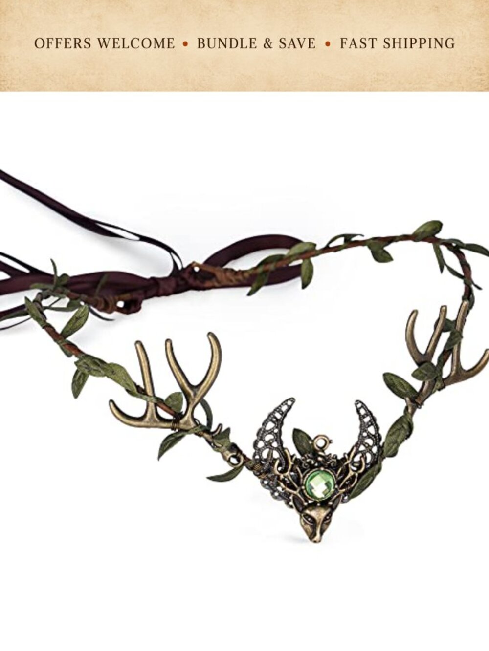 Handmade Deer Antler Crown Headband Metal Silk Leaf Tiara for Wedding Cosplay